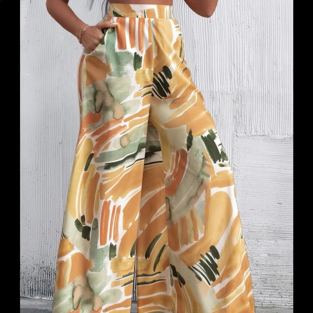 Boho High Waist Rise Water Color Wide Leg Palazzo Pants - Picture 5 of 8